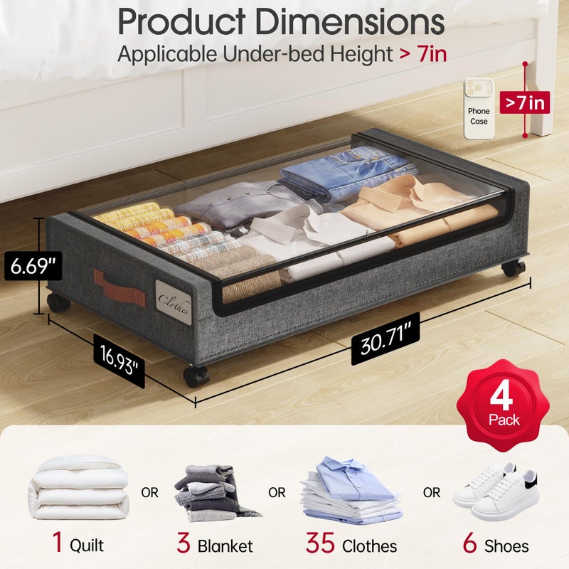 Yecaye Under Bed Storage with Wheels, 4 Pack 60L Under Bed Rolling Storage with Clear Window & Label, Underbed Storage Containers, Rolling Under Bed Metal Drawer for Clothes, Shoes, Books - Image 2