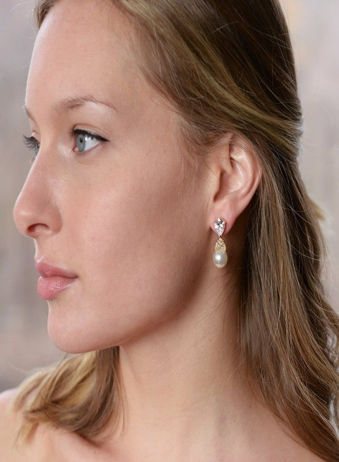 Mariell Gold Pearl Drop Bridal Clip-On Earrings with CZ Crystals For Brides, Weddings, Mother's Day Jewelry Gift - Image 2
