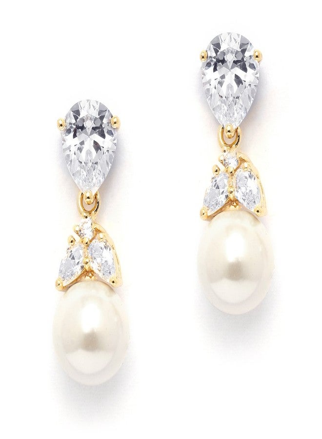 Mariell Gold Pearl Drop Bridal Clip-On Earrings with CZ Crystals For Brides, Weddings, Mother's Day Jewelry Gift - Image 1