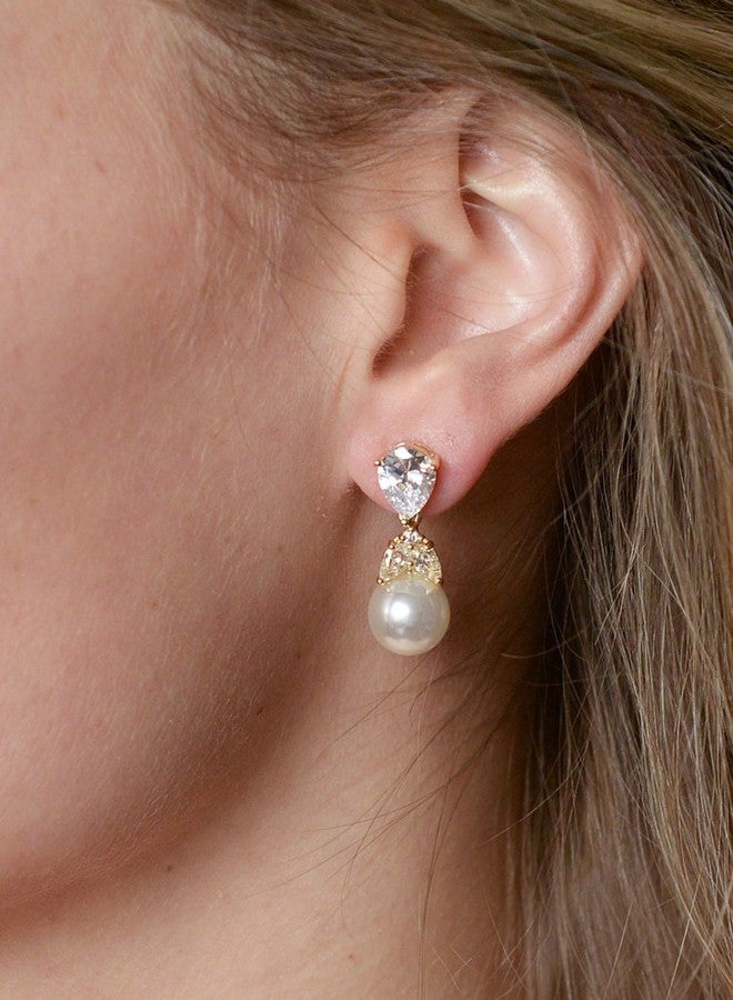 Mariell Gold Pearl Drop Bridal Clip-On Earrings with CZ Crystals For Brides, Weddings, Mother's Day Jewelry Gift - Image 3