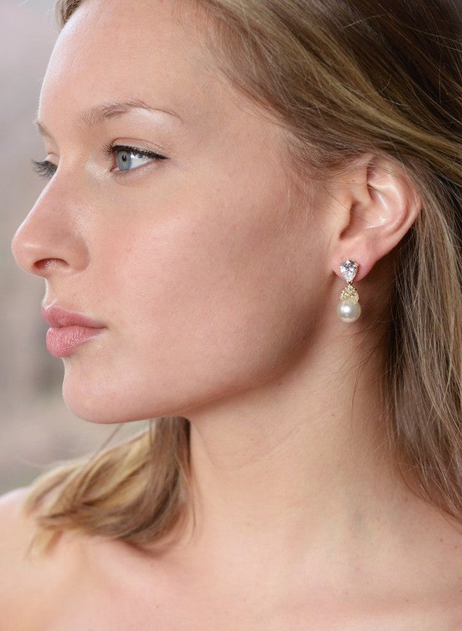 Mariell Gold Pearl Drop Bridal Clip-On Earrings with CZ Crystals For Brides, Weddings, Mother's Day Jewelry Gift - Image 4