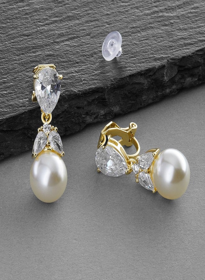 Mariell Gold Pearl Drop Bridal Clip-On Earrings with CZ Crystals For Brides, Weddings, Mother's Day Jewelry Gift - Image 5