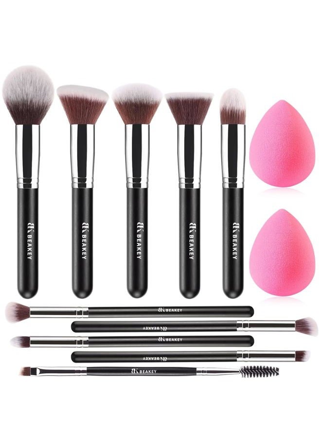 BEAKEY Makeup Brushes Set, Professional Foundation Eyeshadow Concealer Blush Powder Bronzer Applicator, 2 Blender Sponge with Beauty Paper Case - Image 1