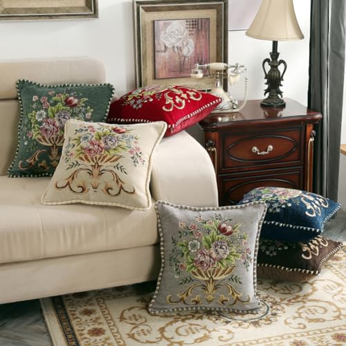 Qupace Set of 2 Chenille Vintage Green Throw Pillows Covers 18x18in Sofa Couch Pillows for Living Room Floral Embroidered Cushion Cover for Bed Chairs Car - Image 3