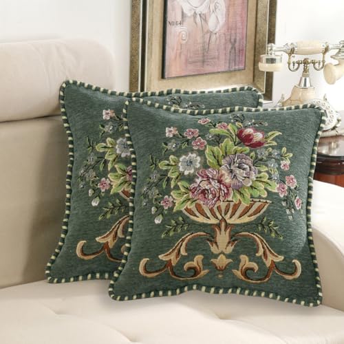 Qupace Set of 2 Chenille Vintage Green Throw Pillows Covers 18x18in Sofa Couch Pillows for Living Room Floral Embroidered Cushion Cover for Bed Chairs Car - Image 1