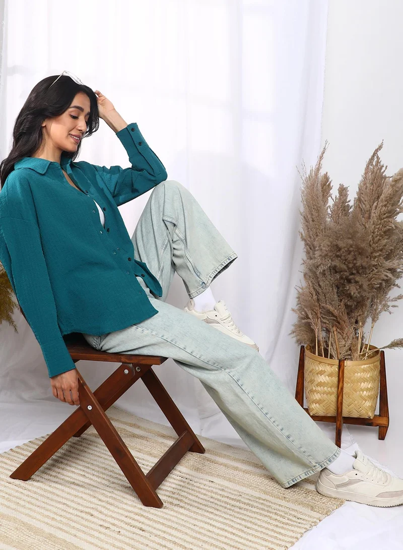 PINACOLADA  Women's Teal Blue Seersucker Boxy Shirt for Women | Best Price UAE