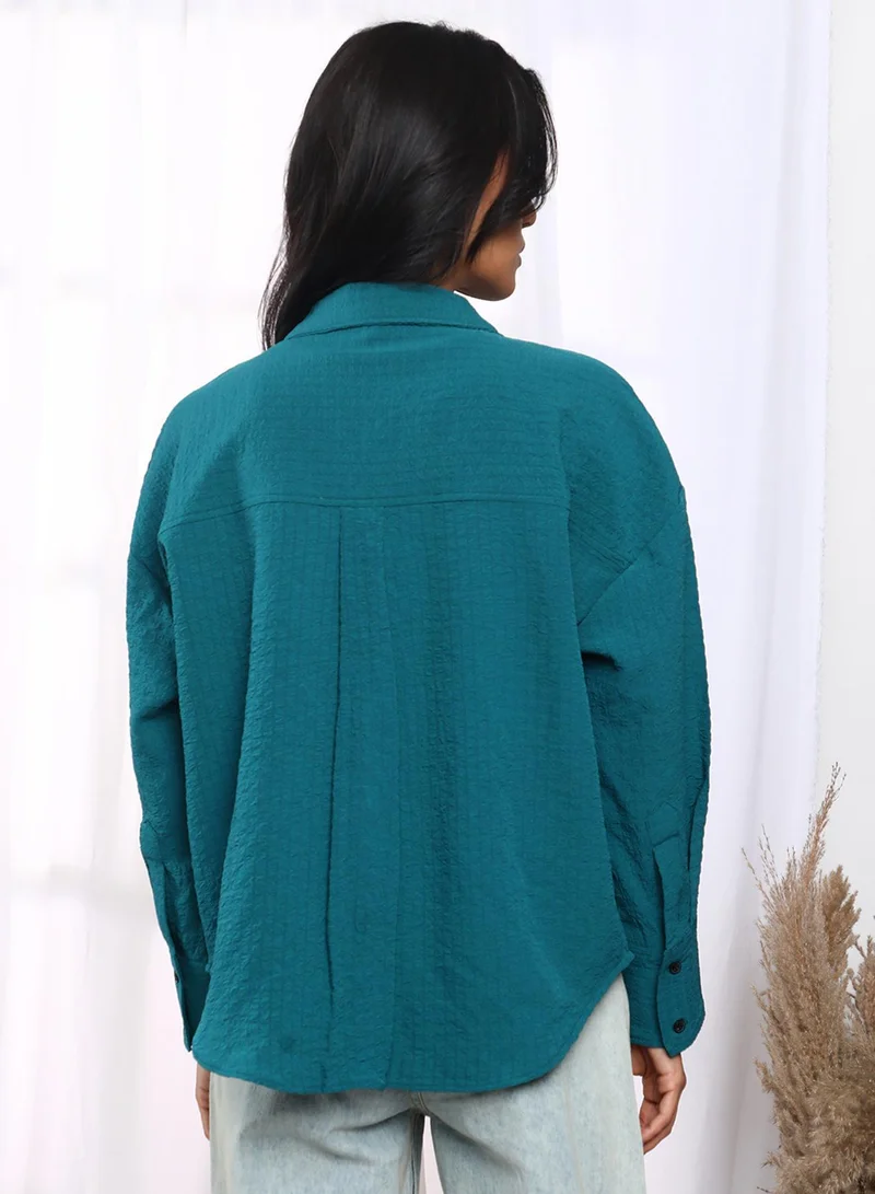 PINACOLADA  Women's Teal Blue Seersucker Boxy Shirt for Women | Best Price UAE