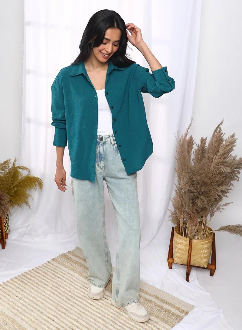 PINACOLADA  Women's Teal Blue Seersucker Boxy Shirt for Women | Best Price UAE