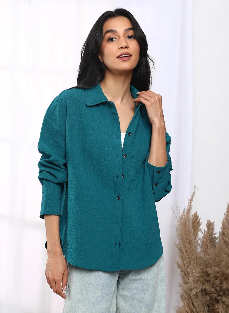 Women's Teal Blue Seersucker Boxy Shirt