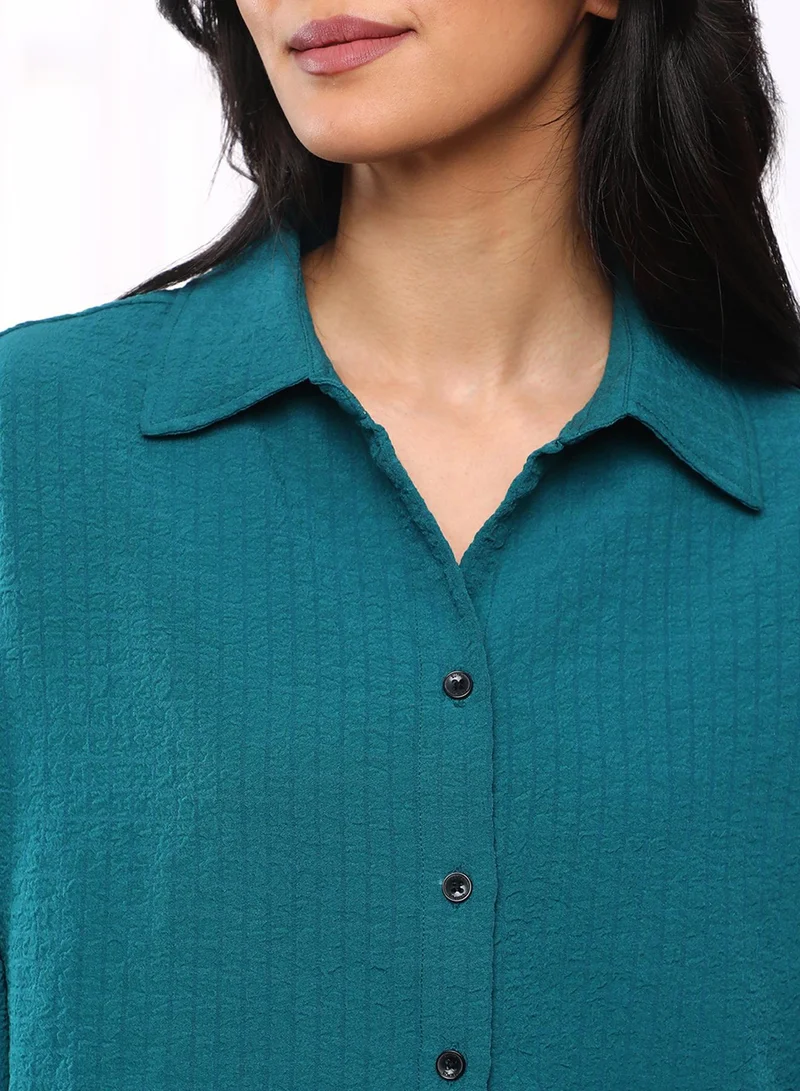 PINACOLADA  Women's Teal Blue Seersucker Boxy Shirt for Women | Best Price UAE