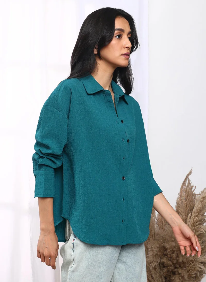 PINACOLADA  Women's Teal Blue Seersucker Boxy Shirt for Women | Best Price UAE