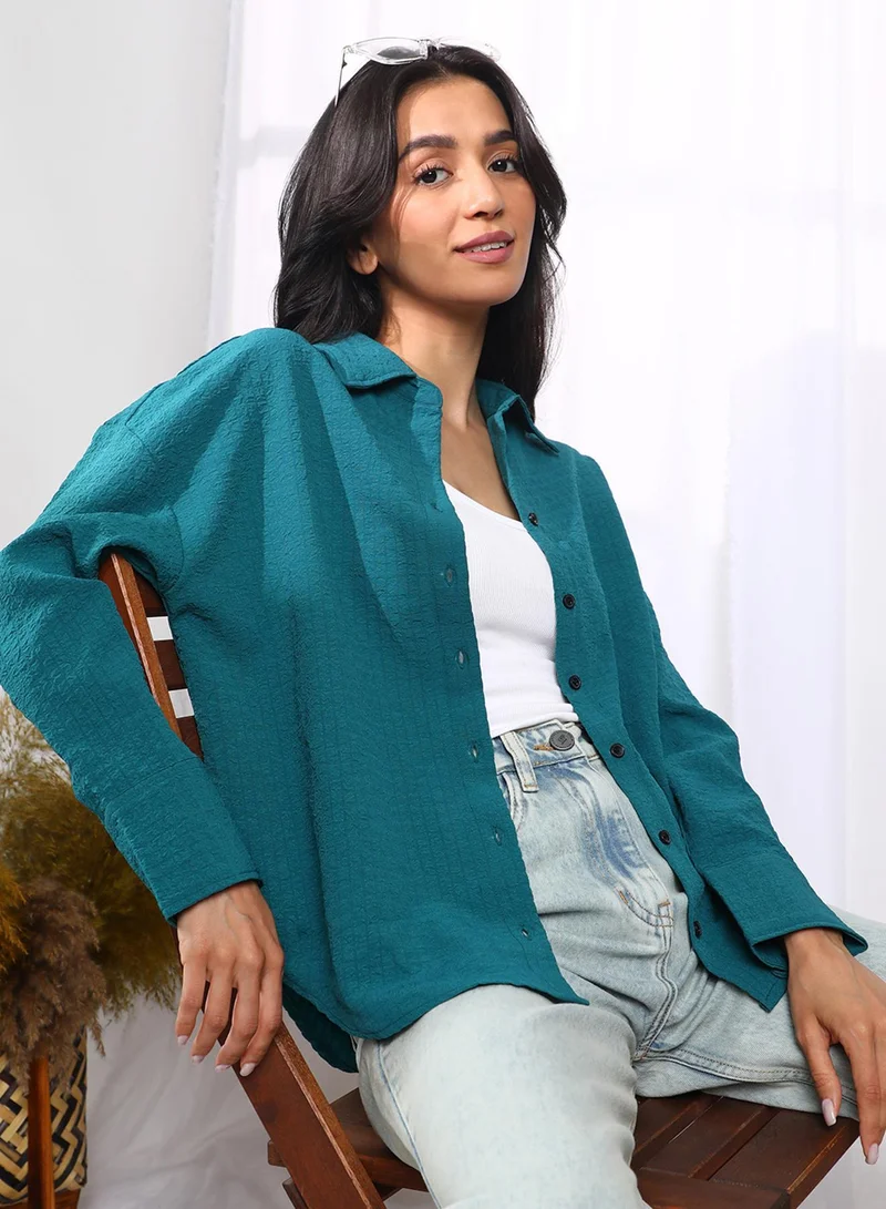 PINACOLADA  Women's Teal Blue Seersucker Boxy Shirt for Women | Best Price UAE