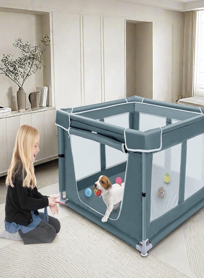 Zikopomi Dog Kitten Playpen with Cover, 42x42 x25.5 Puppy Playpen for Small Pet with See-Through Topper Proof, Green - Image 4