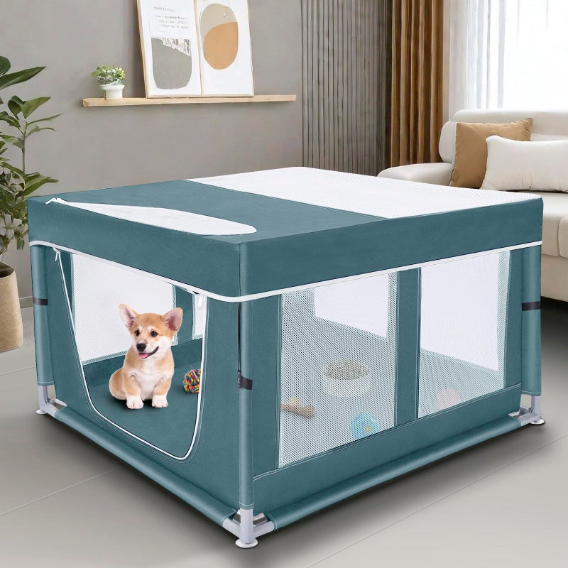 Zikopomi Dog Kitten Playpen with Cover, 42x42 x25.5 Puppy Playpen for Small Pet with See-Through Topper Proof, Green - Image 1