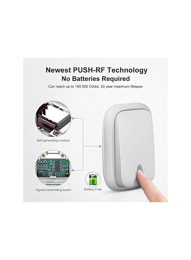 promass Self-Powered Doorbell, Wireless Doorbell No Battery Required Cordless Door Chime Kit Push Button Waterproof at 500-feet Range with 38 Chimes, 4-Level Volume & LED Flash - UK Plug White - Image 3