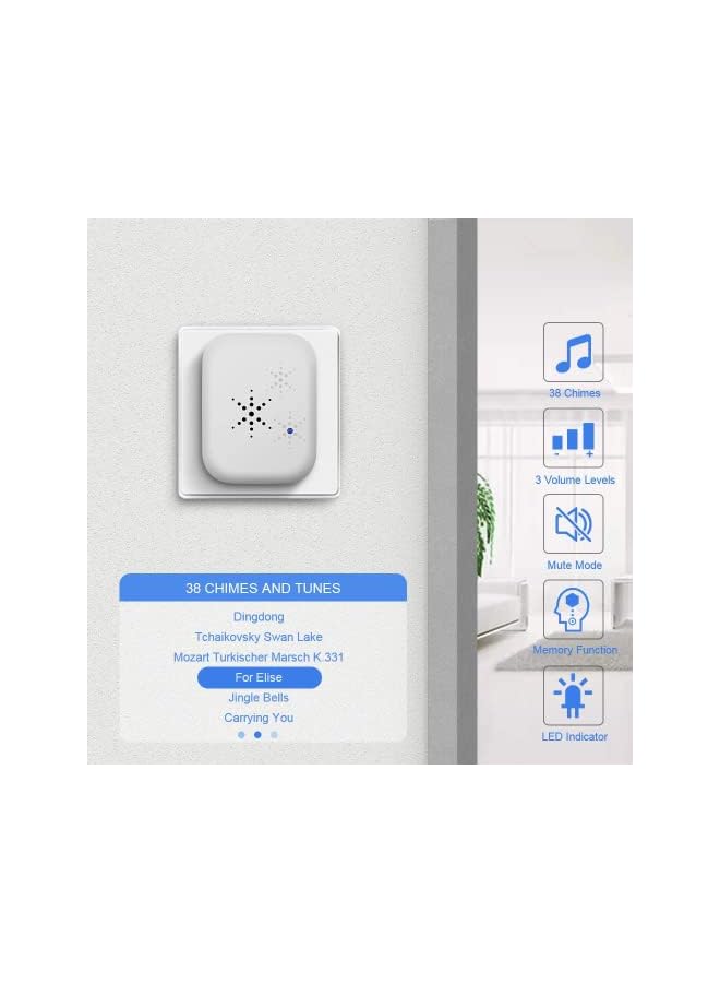 promass Self-Powered Doorbell, Wireless Doorbell No Battery Required Cordless Door Chime Kit Push Button Waterproof at 500-feet Range with 38 Chimes, 4-Level Volume & LED Flash - UK Plug White - Image 4