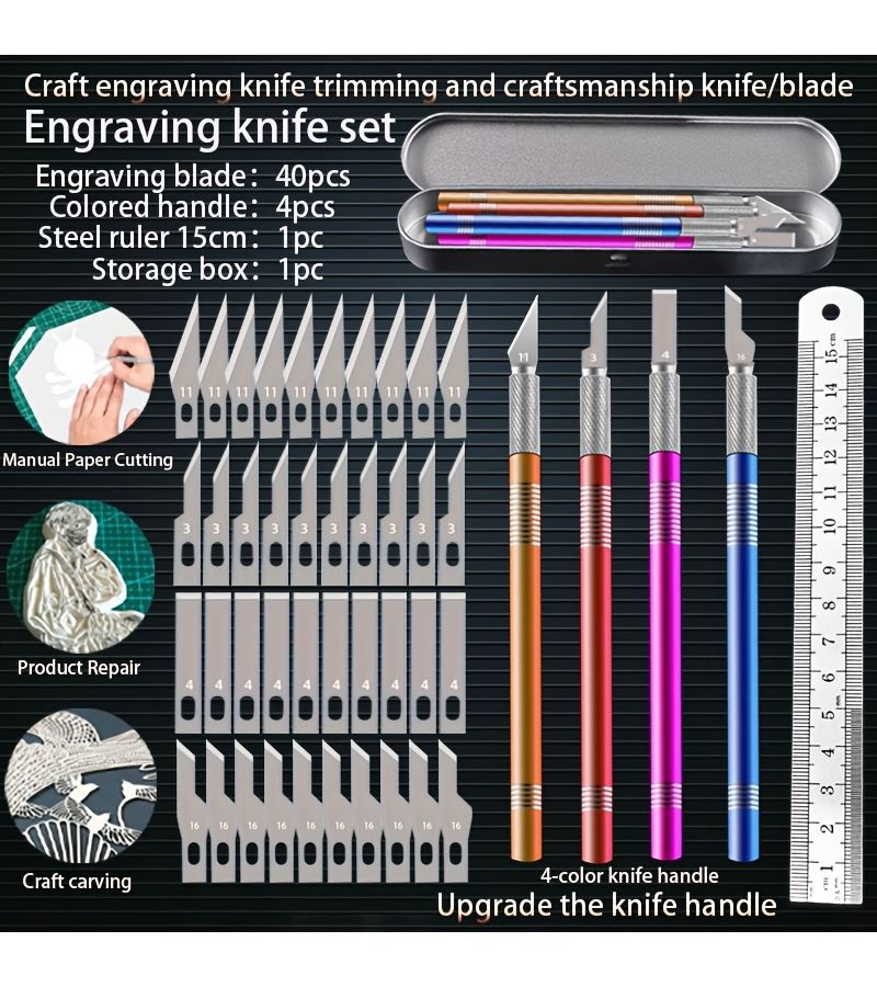 Colored Carving Knife Set With 40 Blades Aluminum Alloy Handle Storage Box - Image 1