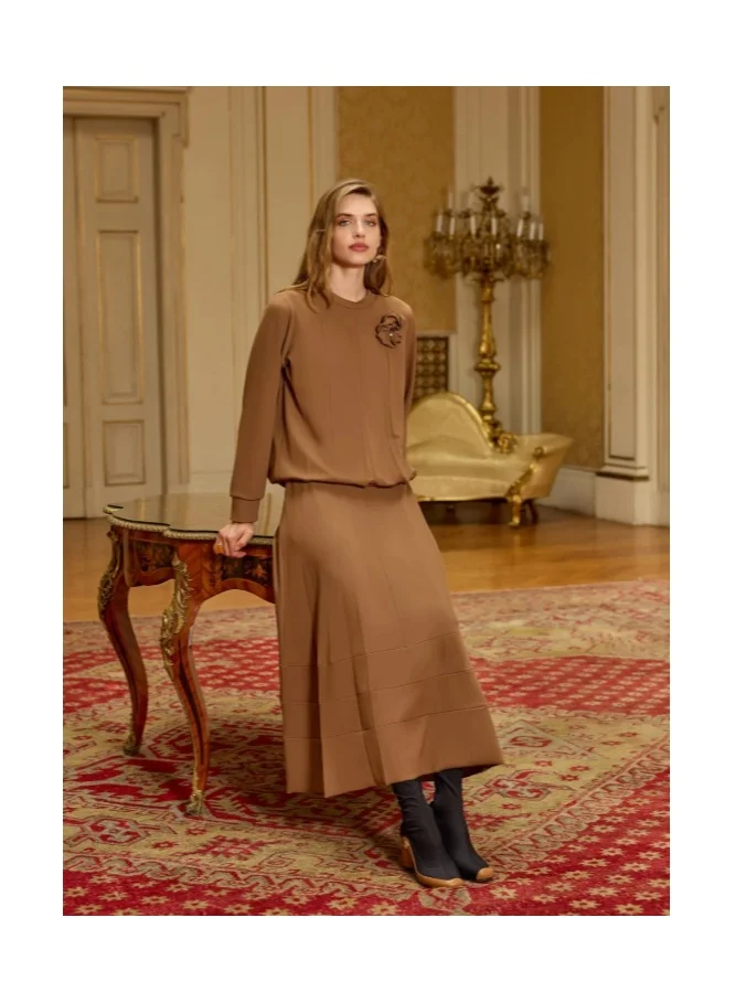 MissWhence Set with Front Stitch Detail and Paneled Skirt - Tan