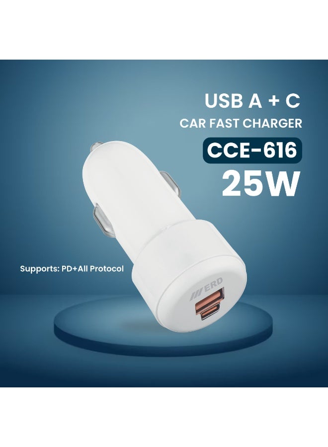 ERD PD 25W Car Charger Fast Charging Dual Port USB A&C Car Plug Adapter Compact White Glossy Design Car Charger Compatible With iPhone 16 15 14 13 12 11 iPad Pro mini 6 Samsung S24 S23 S22 Xiaomi Airpods 4 Apple Watch S10 - Image 1