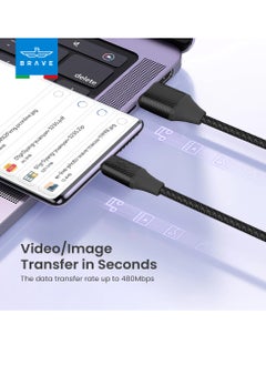 Brave 6A 2-in-1 USB A to Type-C & Lightning Fast Charging Nylon Braided Cable for iPhone 16/15 Series, iPhone 14/13/12/11, Xiaomi, Samsung, Realme, POCO, Huawei & More - Universal Compatibility for All USB-C and Lightning Devices-(1.2M- Black)  - Image 5