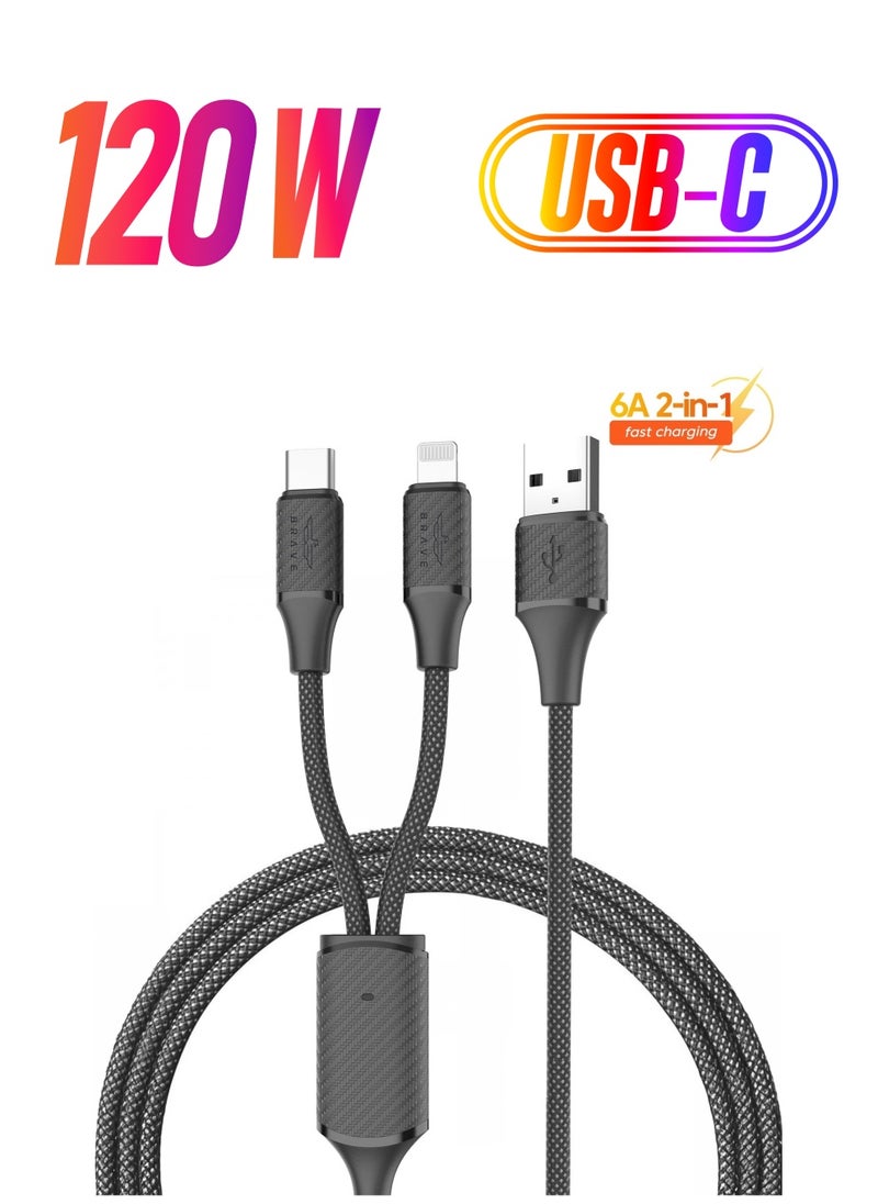 Brave 6A 2-in-1 USB A to Type-C & Lightning Fast Charging Nylon Braided Cable for iPhone 16/15 Series, iPhone 14/13/12/11, Xiaomi, Samsung, Realme, POCO, Huawei & More - Universal Compatibility for All USB-C and Lightning Devices-(1.2M- Black)  - Image 1