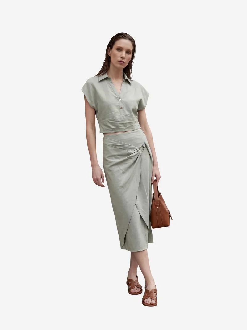 MY FASHION Linen Blend Crop Blouse & Accessory Detailed Midi Skirt Two-Piece Set