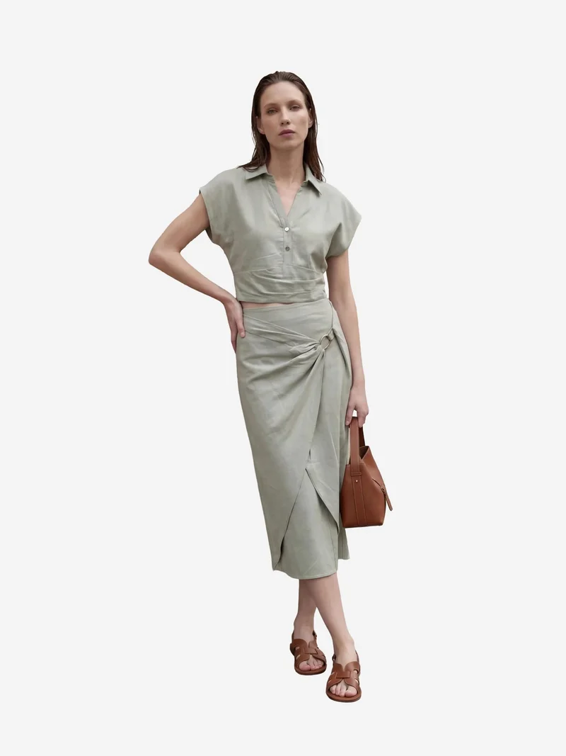 MY FASHION Sage Green MY FASHION Linen Blend Crop Blouse & Accessory Detailed Midi Skirt Two-Piece Set for Women | Best Price UAE