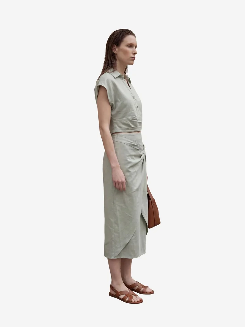 MY FASHION Sage Green MY FASHION Linen Blend Crop Blouse & Accessory Detailed Midi Skirt Two-Piece Set for Women | Best Price UAE