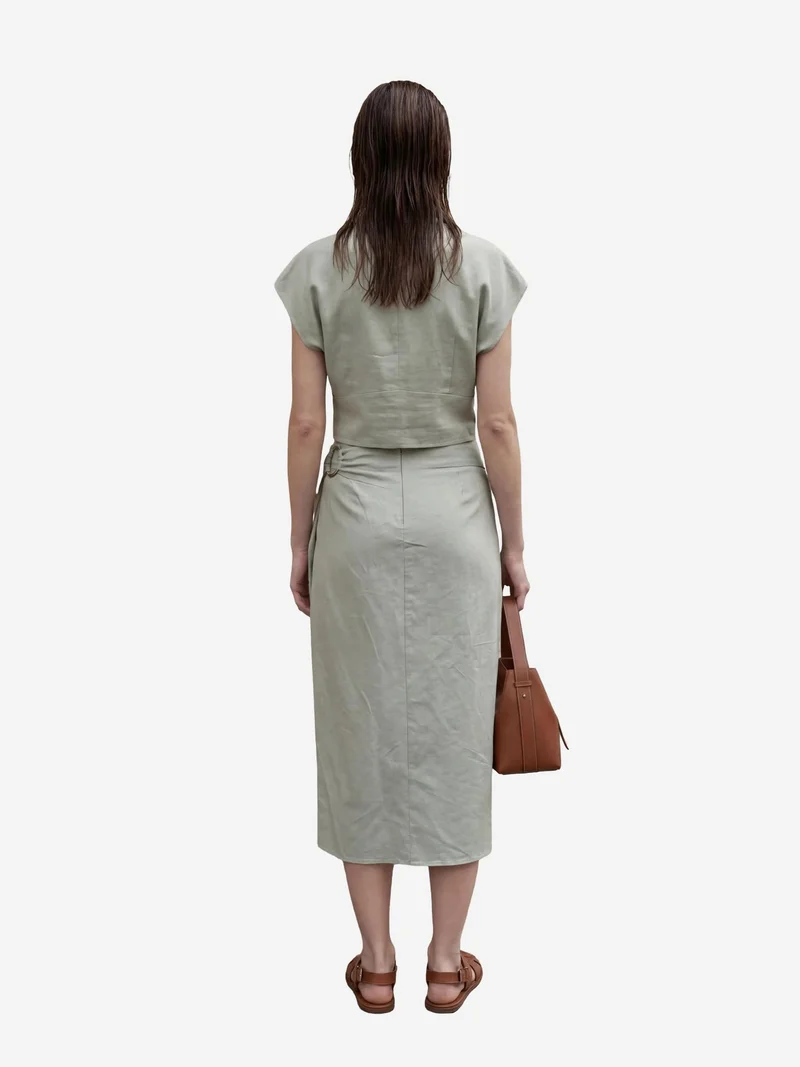 MY FASHION Sage Green MY FASHION Linen Blend Crop Blouse & Accessory Detailed Midi Skirt Two-Piece Set for Women | Best Price UAE