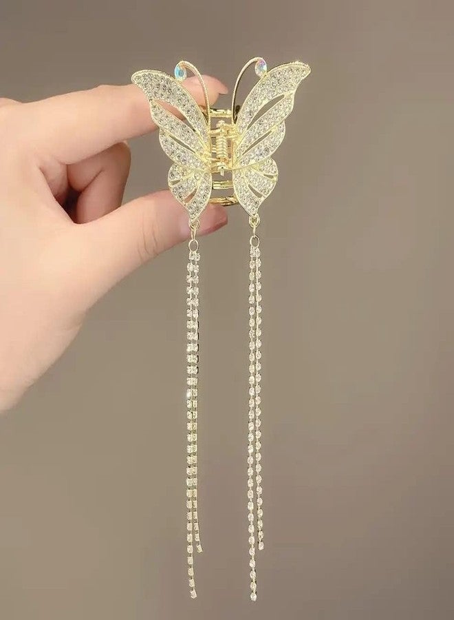 KARDIFF Rhinestone Tassel Butterfly Hair Claws Metal Hair Clutcher | Large Metal Pearl Butterfly Hair Claw Clips for Women's and Girl's (Golden) (Small) - Image 3