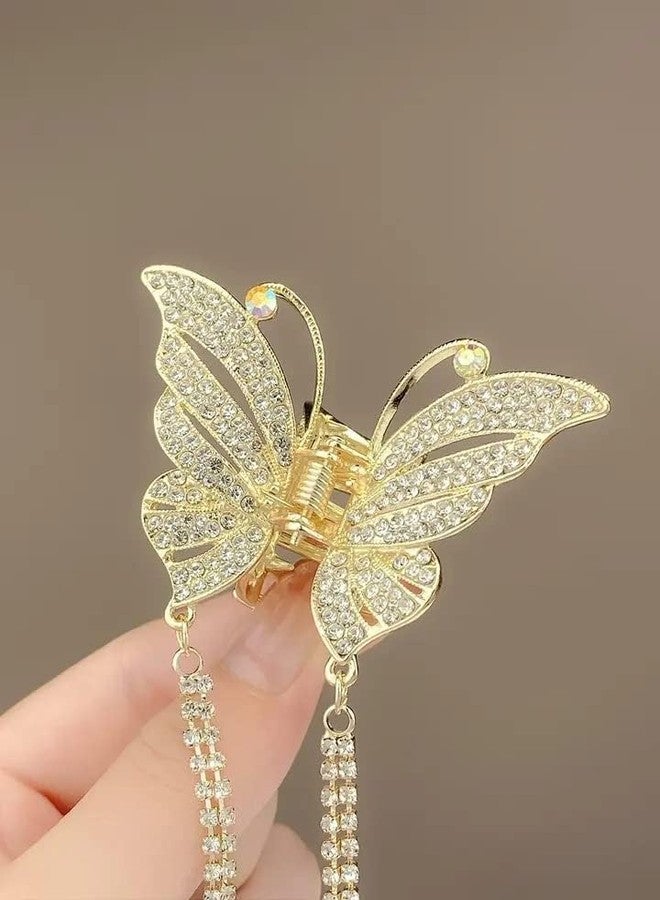 KARDIFF Rhinestone Tassel Butterfly Hair Claws Metal Hair Clutcher | Large Metal Pearl Butterfly Hair Claw Clips for Women's and Girl's (Golden) (Small) - Image 1