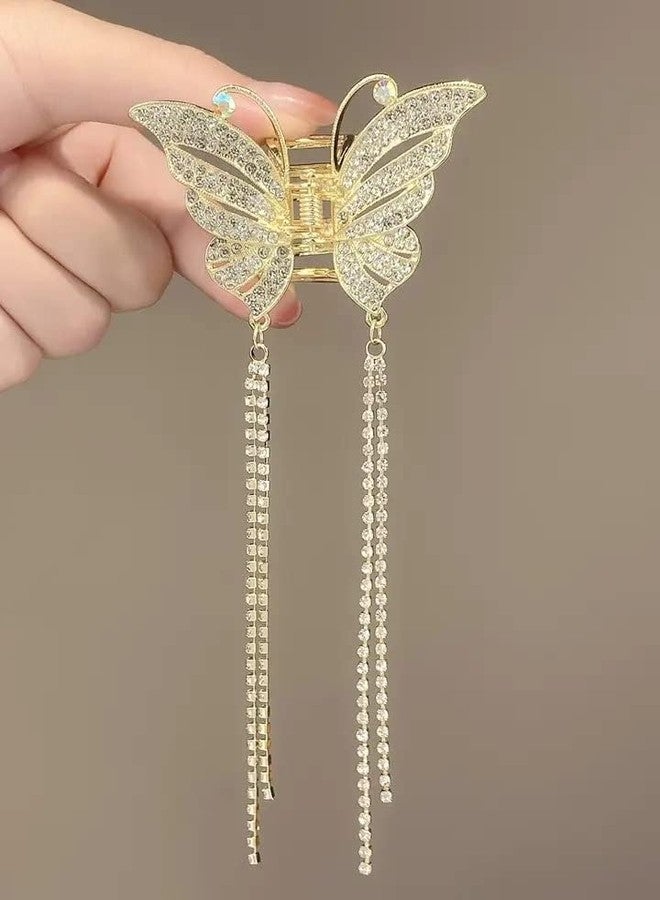 KARDIFF Rhinestone Tassel Butterfly Hair Claws Metal Hair Clutcher | Large Metal Pearl Butterfly Hair Claw Clips for Women's and Girl's (Golden) (Small) - Image 2
