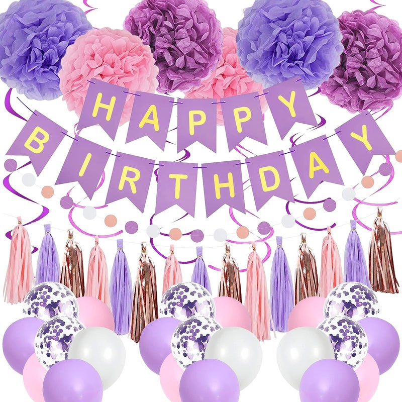 pugkloy Purple Pink Birthday Party Decorations for Women Girls with Happy Birthday Banner,Hanging Swirls,Tissue Paper Pompoms,Circle Dots Garland,Tassel Garland Purple Balloons - Image 1