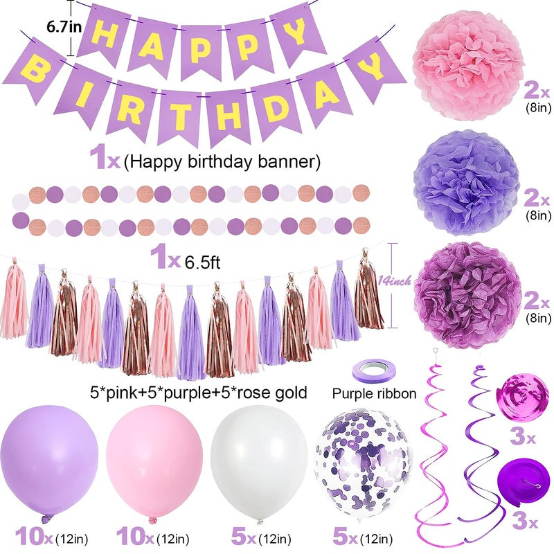 pugkloy Purple Pink Birthday Party Decorations for Women Girls with Happy Birthday Banner,Hanging Swirls,Tissue Paper Pompoms,Circle Dots Garland,Tassel Garland Purple Balloons - Image 2