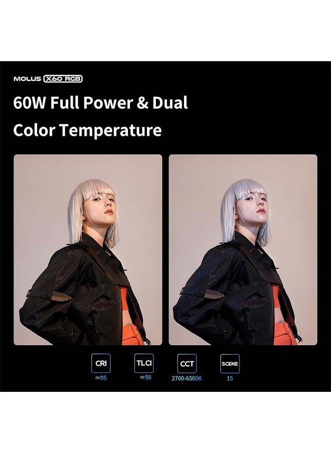 Zhiyun ZHIYUN Molus X60 [Official] 60W RGB Standard Video Light, Portable COB Photography Lighting on Camera, APP Control •CRI 95• TLCI 98• 15 Scenes for Video Recording/Portrait/TVC/Photo, USB-C  - Image 5