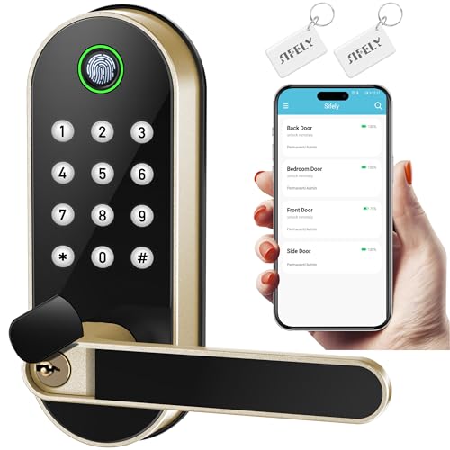 Sifely Keyless Entry Fingerprint Smart Lock with Handle & Keypad: Sifely Biometric Digital Electronic Lock with Code, Electric Deadbolt Door Knob for Front, Interior, Exterior & Bedroom Doors (Gold) - Image 1