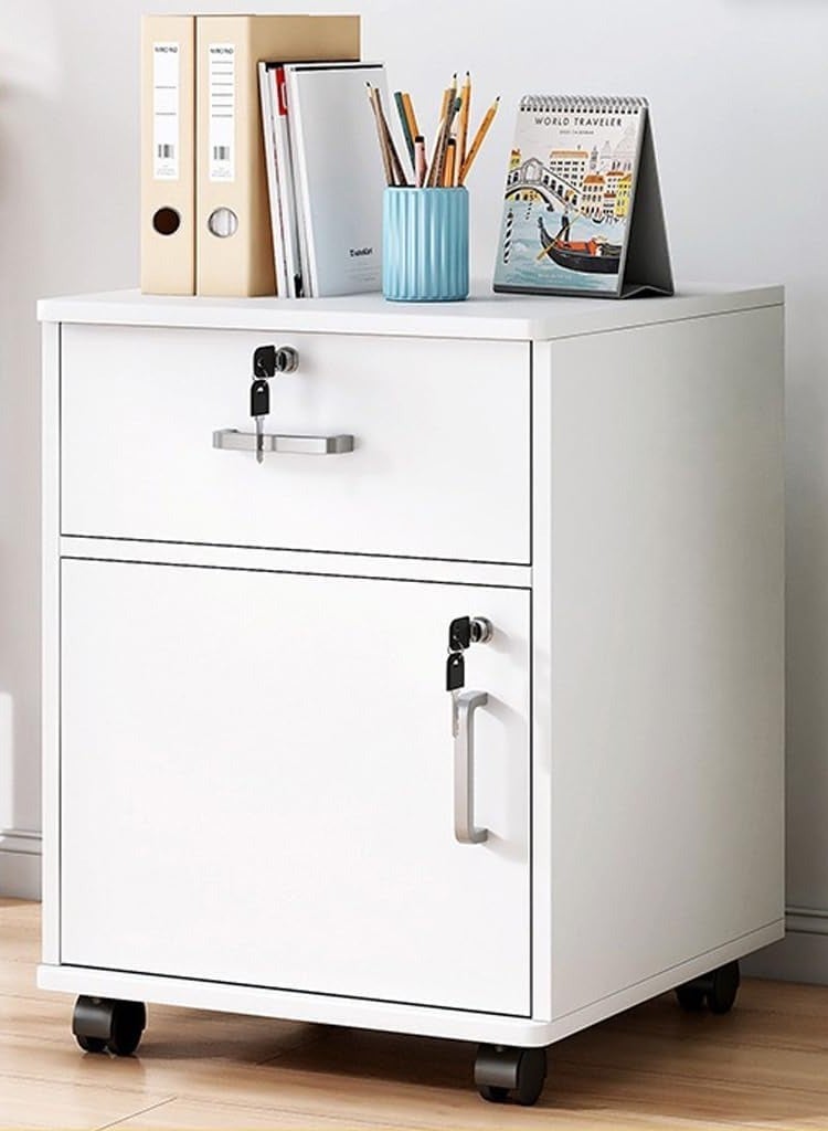 جوميلا خزانة ملفات متحركة مع درج واحد وخزانة مكتب قابلة للقفل بباب واحد مع عجلات من الخشب الصناعي الأبيض - Image 1