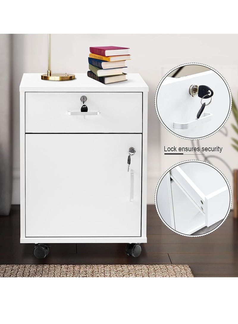 جوميلا خزانة ملفات متحركة مع درج واحد وخزانة مكتب قابلة للقفل بباب واحد مع عجلات من الخشب الصناعي الأبيض - Image 5