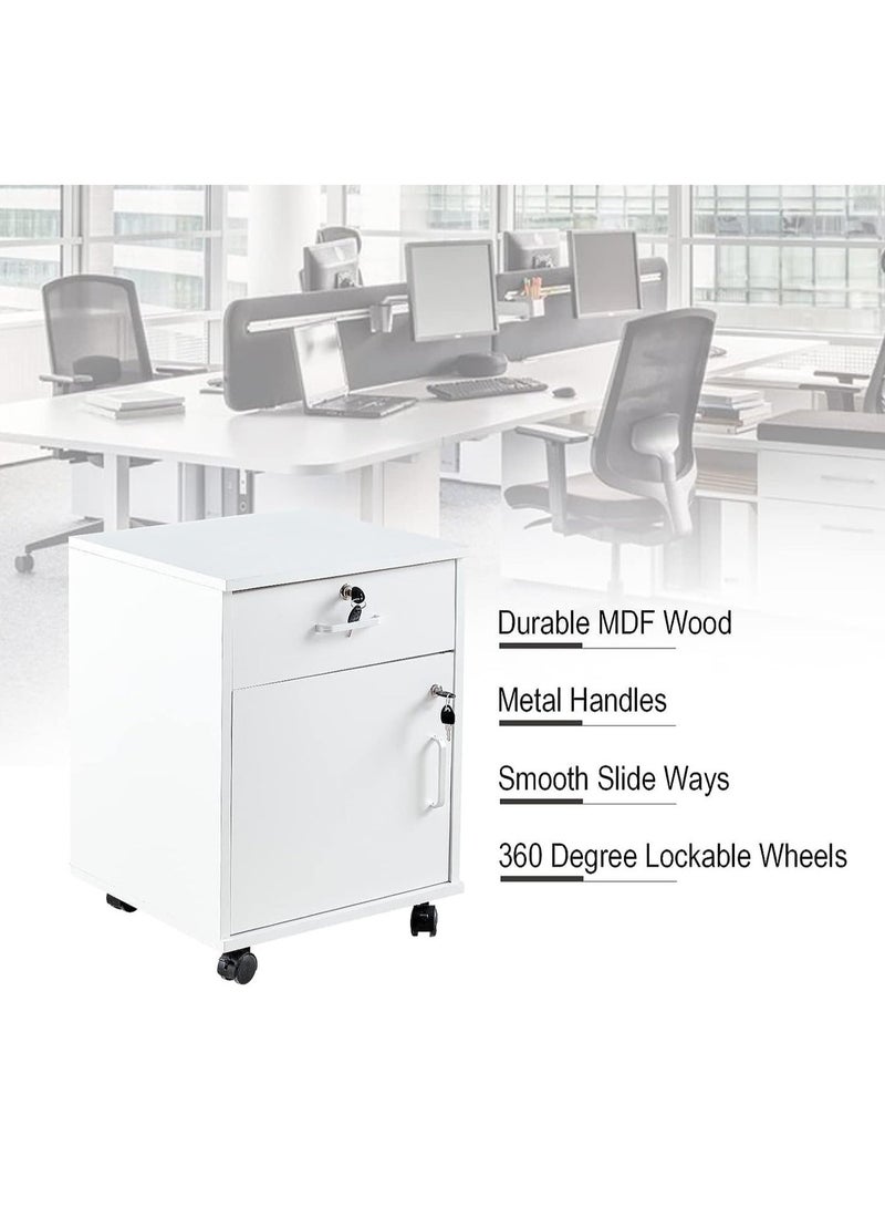 جوميلا خزانة ملفات متحركة مع درج واحد وخزانة مكتب قابلة للقفل بباب واحد مع عجلات من الخشب الصناعي الأبيض - Image 4