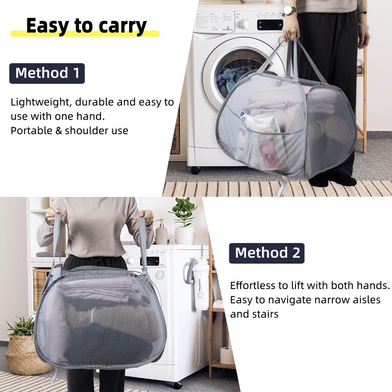 HEDONLEE Collapsible Laundry Basket, 90L Foldable Pop-up Laundry Hamper with Handles, Square Mesh Dirty Clothes Hamper for Laundry, Bathroom, Kids Room, Dorm,Travel or Camping (Gray) - Image 5
