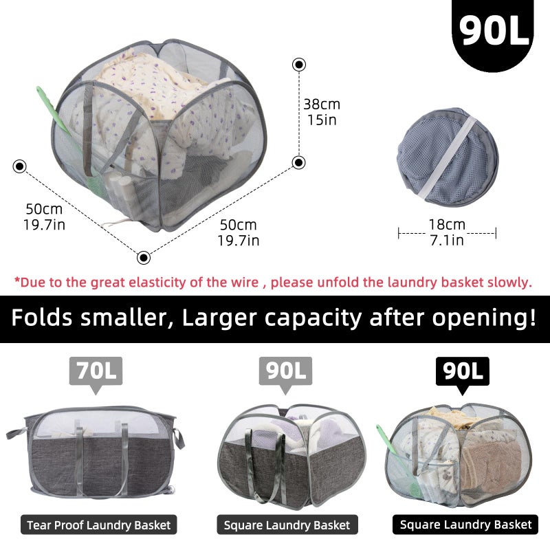 HEDONLEE Collapsible Laundry Basket, 90L Foldable Pop-up Laundry Hamper with Handles, Square Mesh Dirty Clothes Hamper for Laundry, Bathroom, Kids Room, Dorm,Travel or Camping (Gray) - Image 2