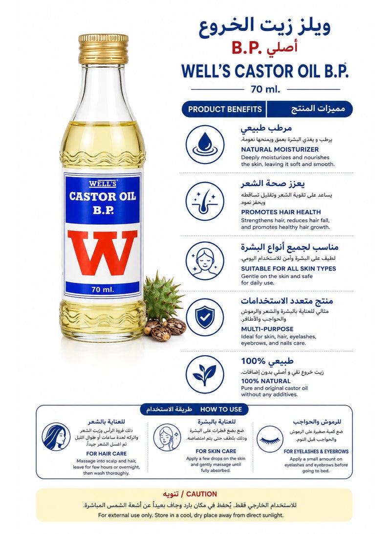 Wells Castor Oil B.P., 100% Natural Multi-Purpose Hair & Skin Oil, 70ml - Image 2
