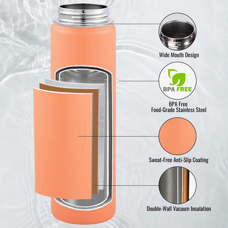 Fijinhom 24 oz Insulated Water Bottle with Handle, 305 Stainless Steel Water Bottles with Wide Mouth, Double Wall Vacuum Sports Water Bottle, BPA Free, Keep Cold and Hot, Coral - Image 2