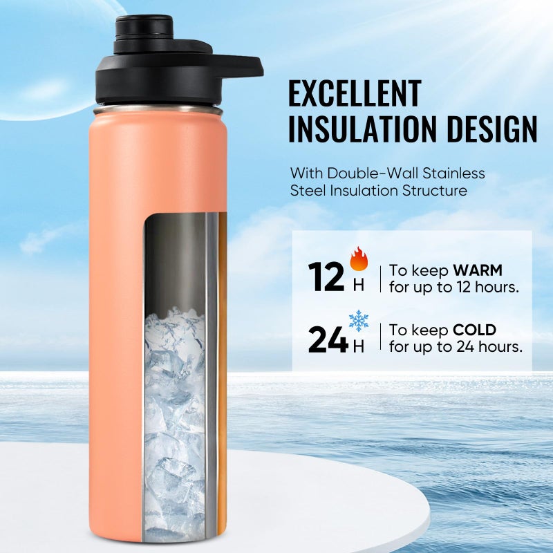 Fijinhom 24 oz Insulated Water Bottle with Handle, 305 Stainless Steel Water Bottles with Wide Mouth, Double Wall Vacuum Sports Water Bottle, BPA Free, Keep Cold and Hot, Coral - Image 3