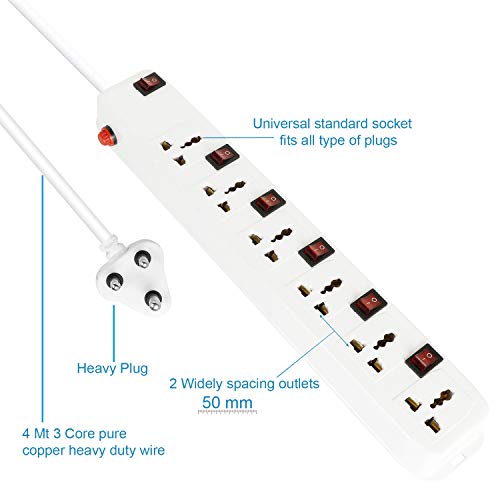 FEDUS 13 Feet Long Extension Board Extension Box | Spike Guard 6 Socket 6 Switch Junction Box with Switch, Extension Cords Cord, Spike Buster, Extension Board with 4m Wire (6 Socket 6 Switch), White - Image 5