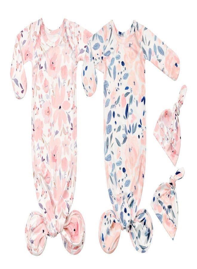 Vollmic Newborn Baby Knotted Sleeper Gown with Mittens Long Sleeve Nightgown Coming Home Outfit with Hat 2 Pieces (Light Pink and Ink Pink, 0-3 month) - Image 1