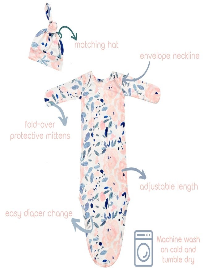 Vollmic Newborn Baby Knotted Sleeper Gown with Mittens Long Sleeve Nightgown Coming Home Outfit with Hat 2 Pieces (Light Pink and Ink Pink, 0-3 month) - Image 2
