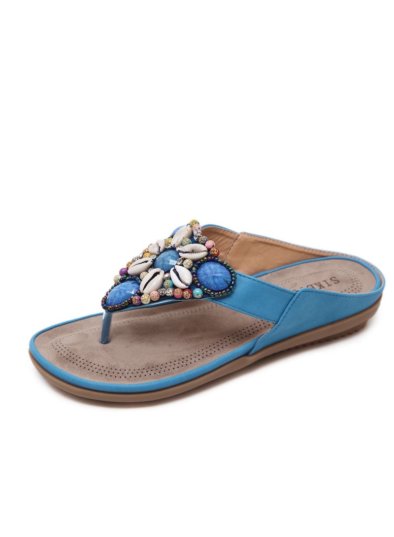 Loquat Vintage Seashell Slippers With Beads On The Coast Of Bohemia Blue