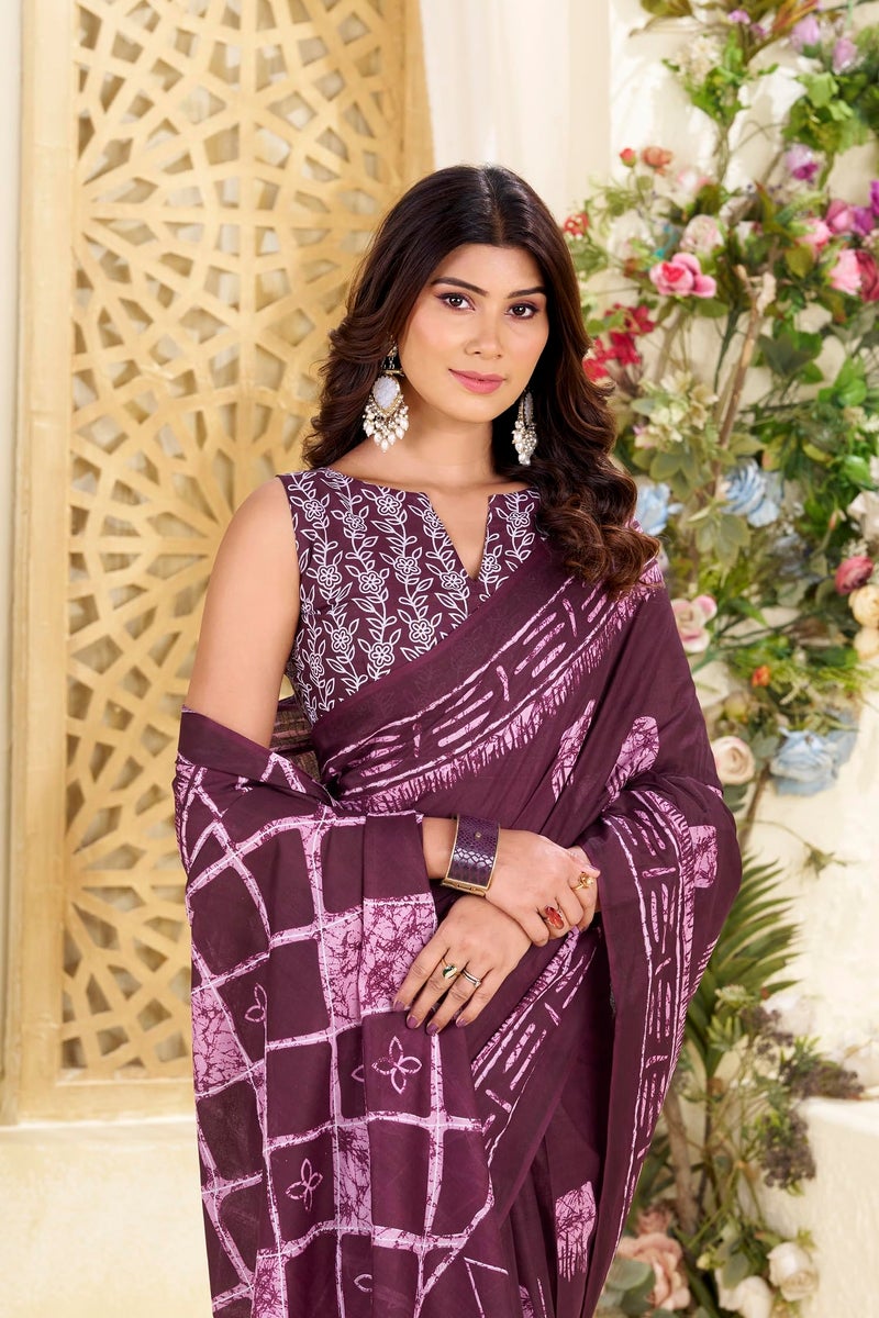 Kalaanj Saree for Women || Printed Cotton Saree with Blouse (KALSS25SAR-2105-2109) (Purple) - Image 3