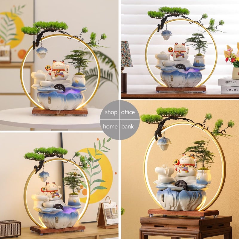 TXYXT Indoor Tabletop Waterfall Fountain with Chinese Ceramic Lucky Cat Waving Arm Figurineï¼ŒDesktop Mini Water Fountain Decorationï¼ŒLED Light Ring Backflow Incense Burner for Desk - Image 3